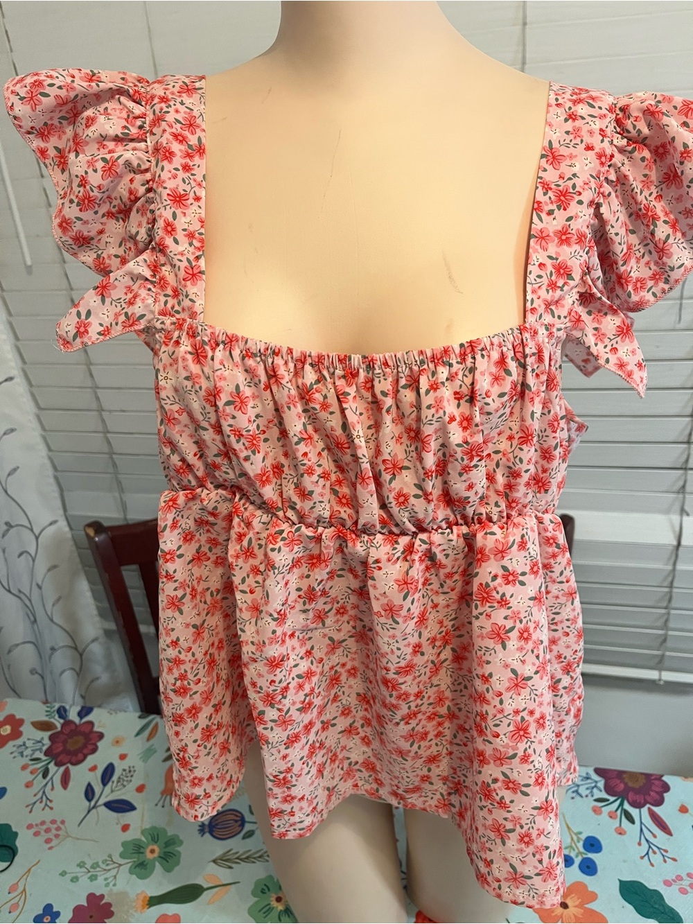 Floral Pink Puff-Sleeve Square-Neck Women's Top